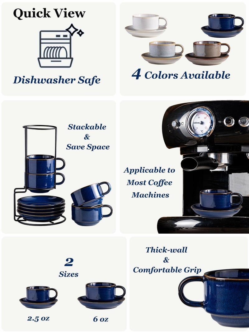 Gomakren 6 Ounce Cappuccino Cups with Saucers and Metal Stand, Stackable Coffee Cup Set of 4, Valentine Porcelain Espresso Cups for Coffee Drinks, Cappuccino, Latte, Americano, Tea, Cobalt Blue - Image 3