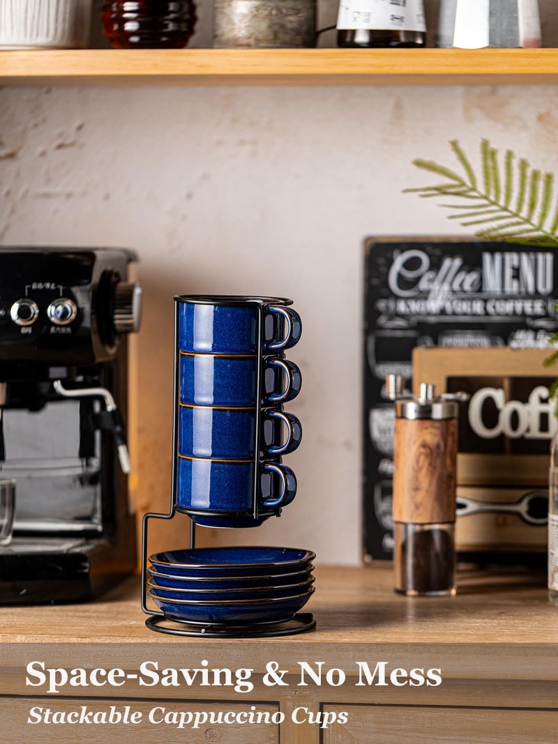 Gomakren 6 Ounce Cappuccino Cups with Saucers and Metal Stand, Stackable Coffee Cup Set of 4, Valentine Porcelain Espresso Cups for Coffee Drinks, Cappuccino, Latte, Americano, Tea, Cobalt Blue - Image 5