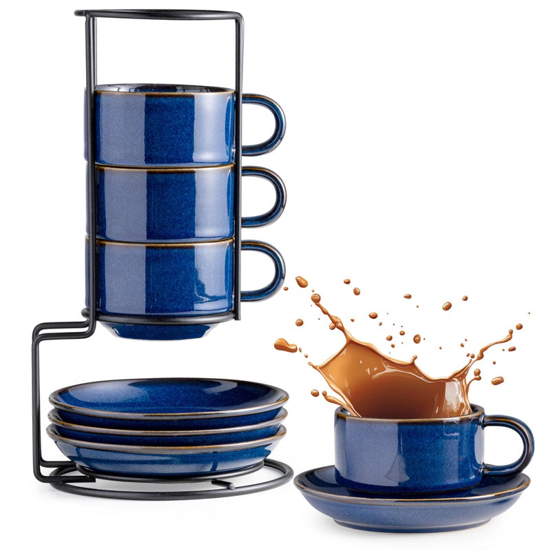 Gomakren 6 Ounce Cappuccino Cups with Saucers and Metal Stand, Stackable Coffee Cup Set of 4, Valentine Porcelain Espresso Cups for Coffee Drinks, Cappuccino, Latte, Americano, Tea, Cobalt Blue - Image 1