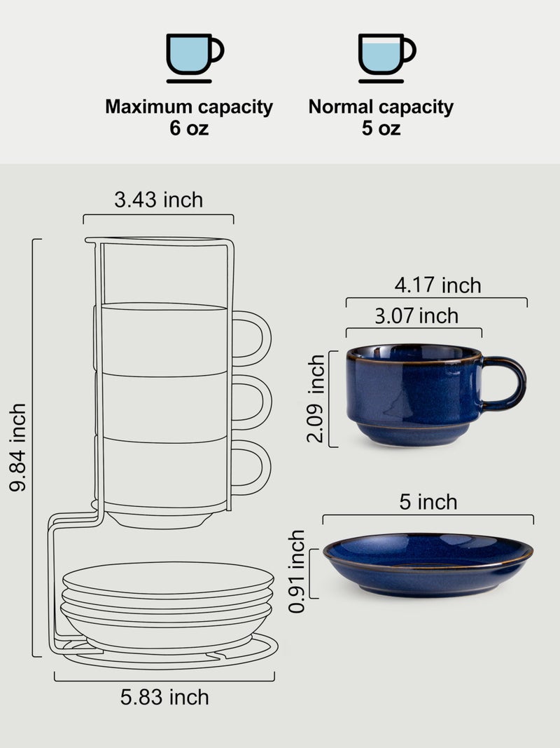 Gomakren 6 Ounce Cappuccino Cups with Saucers and Metal Stand, Stackable Coffee Cup Set of 4, Valentine Porcelain Espresso Cups for Coffee Drinks, Cappuccino, Latte, Americano, Tea, Cobalt Blue - Image 2