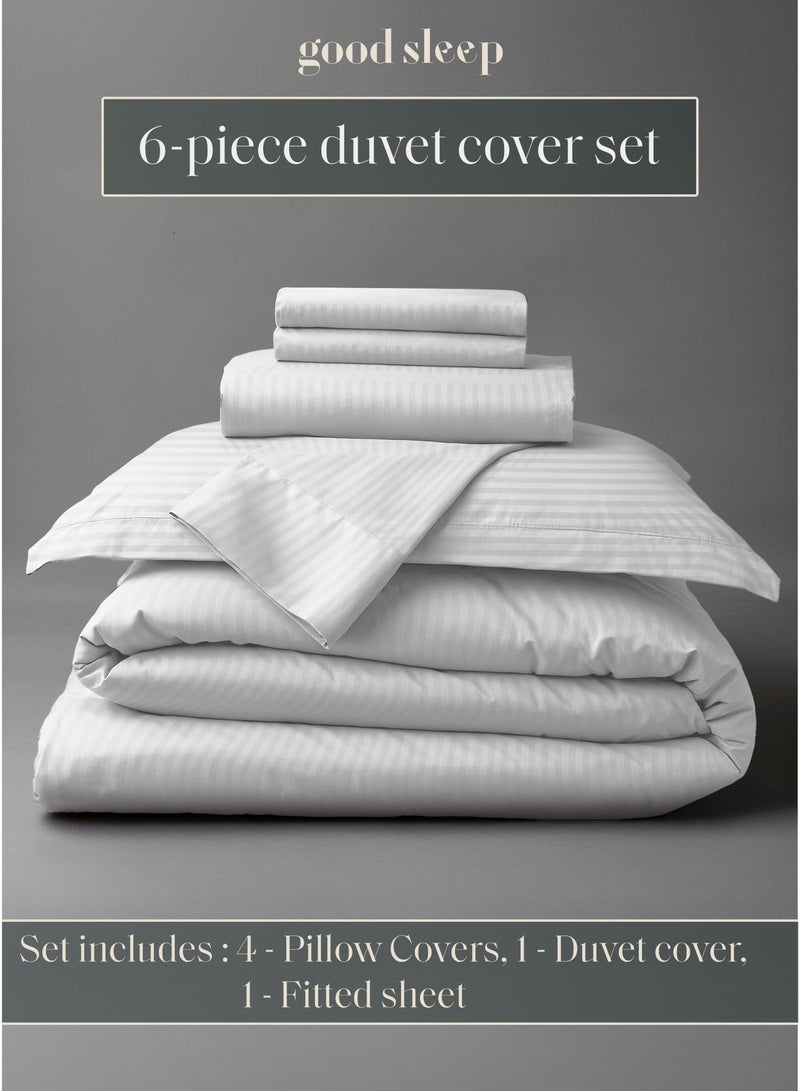 نوم جيد طقم سرير لحاف فاخر مخطط – 6 قطع باللون الأبيض | مقاس كينغ 220×240 سم | ناعم جدًا، مقاوم للتجاعيد ومصنوع في دبي | يشمل غطاء لحاف، شرشف مطاطي و4 أغطية مخدات - Image 2