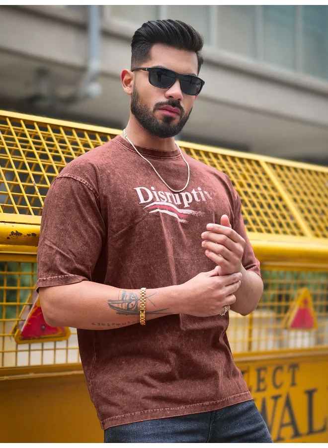 Maniac  Maniac Mens Disruptive Optic Wash Round Neck 3/4th Sleeve Brown Cotton T-Shirt for Men | Best Price UAE
