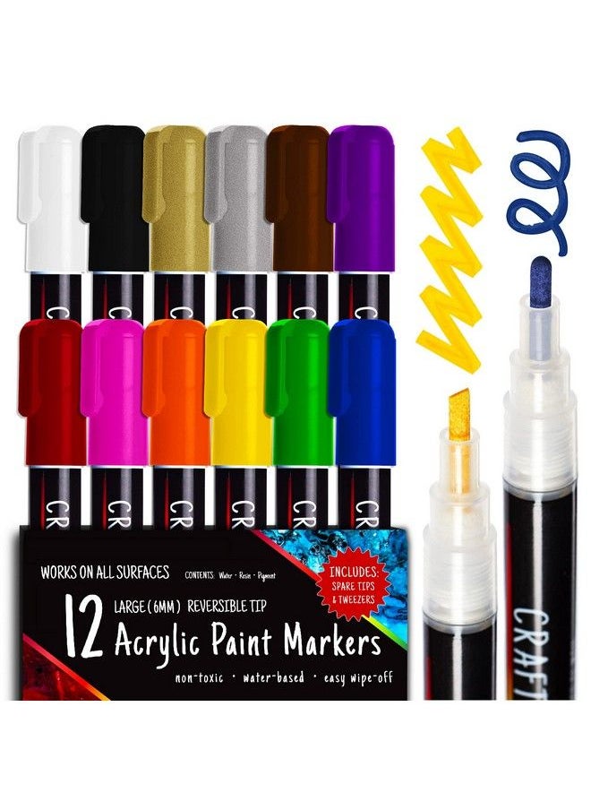 Crafts 4 ALL - Acrylic Paint Markers Set 12 Broad Tip  Tip Acrylic Paint Pens For Rock Painting Glass Wood Canvas And Fabric Non Toxic Permanent Acrylic Markers For Pumpkin Painting Kit - Image 1