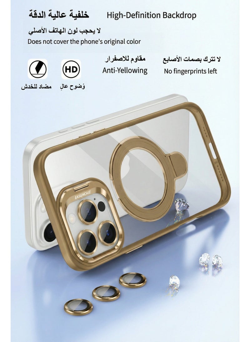غلاف آيفون 16 برو ماكس مع حامل معدني - متوافق مع MagSafe، حماية عسكرية من السقوط، خلفية شفافة مقاومة للاصفرار، يشمل حماية للعدسة، تصميم رفيع وأنيق (النحاسي) - Image 4