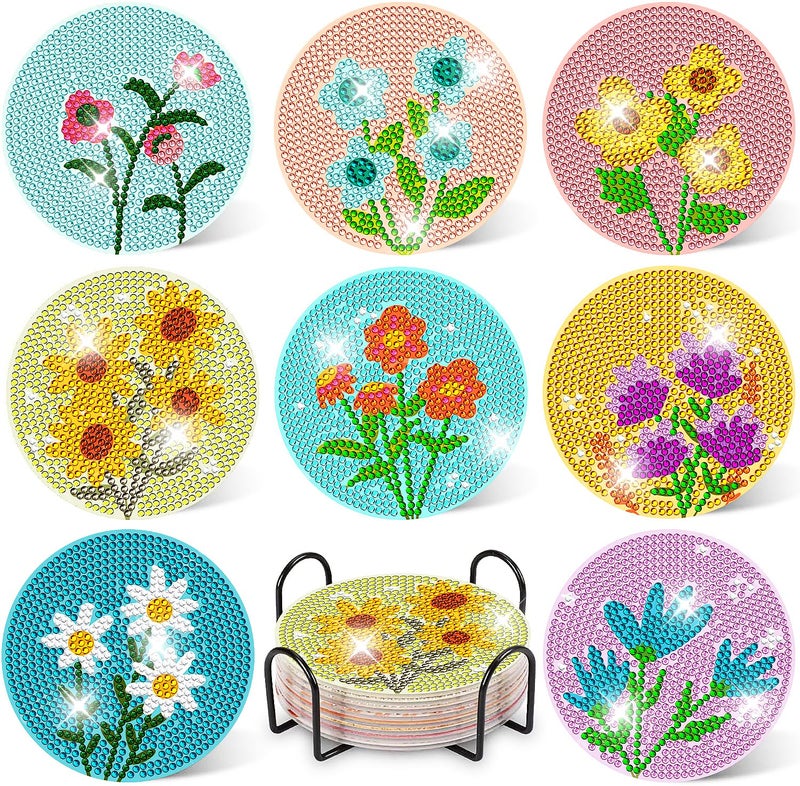 DOTZSO 8 Pcs Diamond Art Coasters Kit with Holder Diamond Art Kits for Adults Beginners Small Diamond Painting Coasters Arts and Crafts for Adults Supplies Item Sets Flower