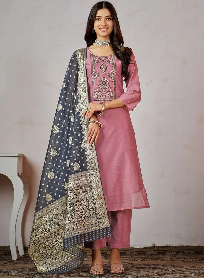 آي شين Women's Pink And Grey Silk Printed Tunic Full Length Casual Regular Fit Kurta Set