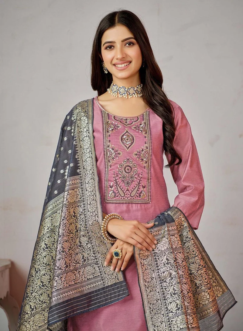 آي شين Women's Pink And Grey Silk Printed Tunic Full Length Casual Regular Fit Kurta Set