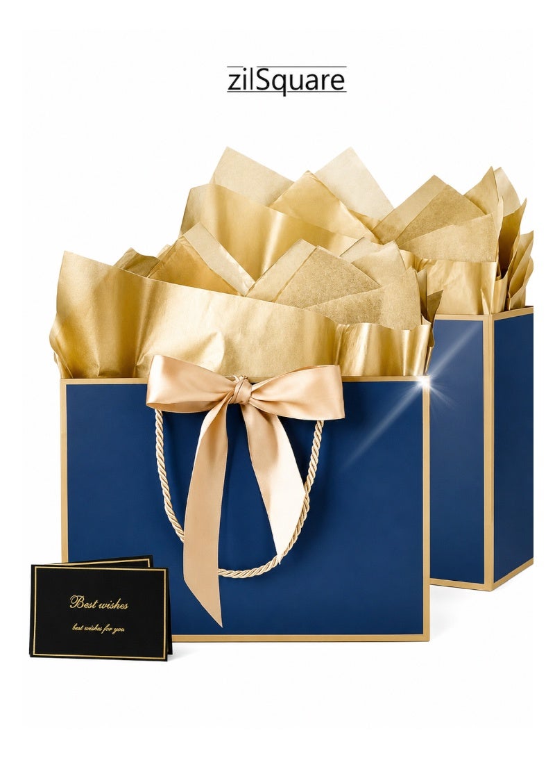 2Pcs High Quality Luxury Gift Bag with Tissue Paper & Best Wishes Card – Elegant Blue Gold Paper Gift Packaging Bag for Birthday, Wedding, Anniversary, Christmas, Corporate, Holiday Events – Reusable Rope Handle Ribbon Bag for Women Men Party Present Wrapping