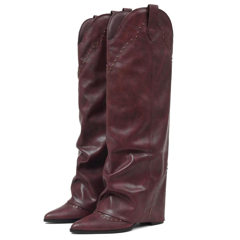 EQAUDES Fall Knee High Boots for Women Fold Over Tall Cowboy Boot - Studded, Snip Toe, Long, Fashion, Slouchy, Dress, Pull on, Leather Shark Boots - Image 1