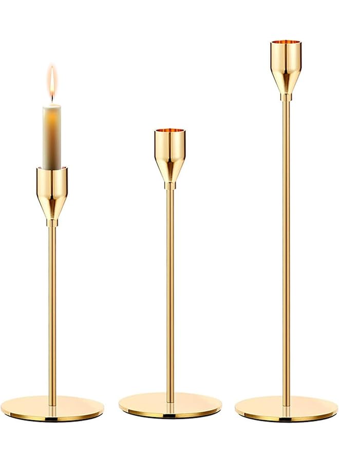 The Bros 3 Pcs Gold Candleholders, Taper Candles Candlestick Holders Set, For Candle Sticks, Table Centerpiece Decorative, Decorative Candlestick Holder For Wedding, Dinning, Party, Living Room - Image 1