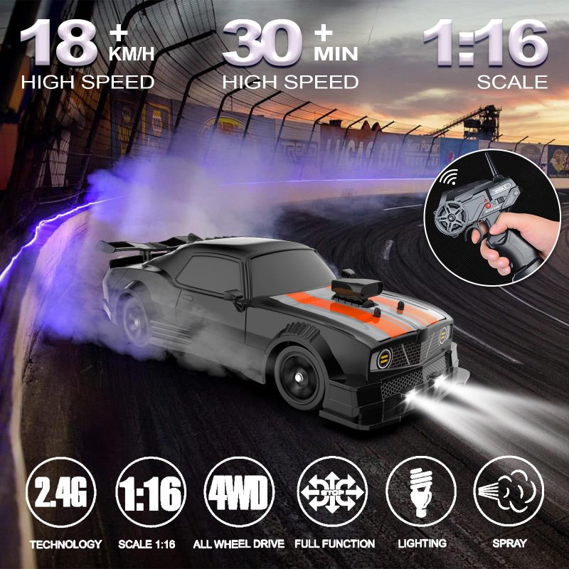 Desdoni Remote Control Car RC Drift Car 116 Scale 4WD 18KMH High Speed Model Vehicle 24GHz with LED Lights Spray Rubber Tire Racing Sport Toy for Adults Boys Girls Kids Gift 2Pcs Rechargeable Batteries - Image 3