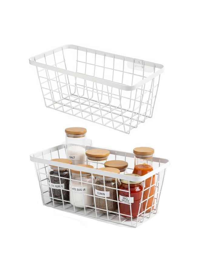 LeleCAT White Hanging Kitchen Baskets For Storage Adhesive Sturdy Small Wire Storage Baskets with Kitchen Food Pantry Bathroom Shelf Storage No Drilling Wall Mounted,2 PACK,White - Image 1
