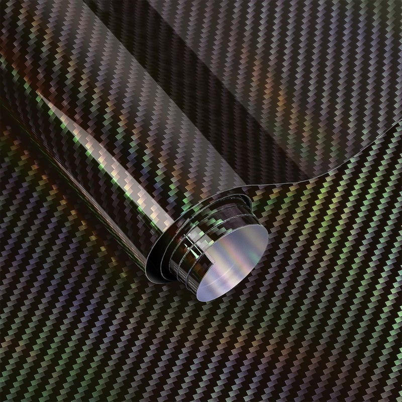 Foneso 2D Holographic Carbon Fiber Vinyl Wrap, High Gloss Black Chrome Wrapping Film with Air Release Technology Auto Car Sticker Decal Sheet, Self Adhesive DIY Paint Replacement Wrap Roll 1ft x 10ft - Image 1
