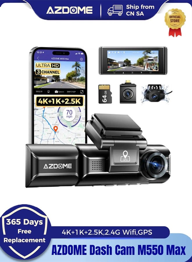 AZDOME M550MAX 4K Dash Cam 3 Channel Dash Cam Front Rear And Interior Dash Cam Car Camera Night Vision Dash Cam For Cars - Image 1
