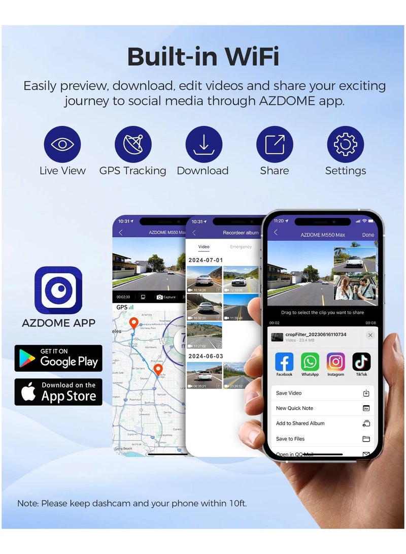 AZDOME M550MAX 4K Dash Cam 3 Channel Dash Cam Front Rear And Interior Dash Cam Car Camera Night Vision Dash Cam For Cars - Image 4