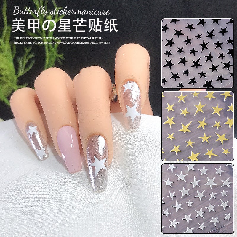 Net Red Explosions Sweet Cool Nail Jewelry Gold And Silver Stars Black And White Color Five-Pointed Star 3D Adhesive Nail Stickers - Image 2