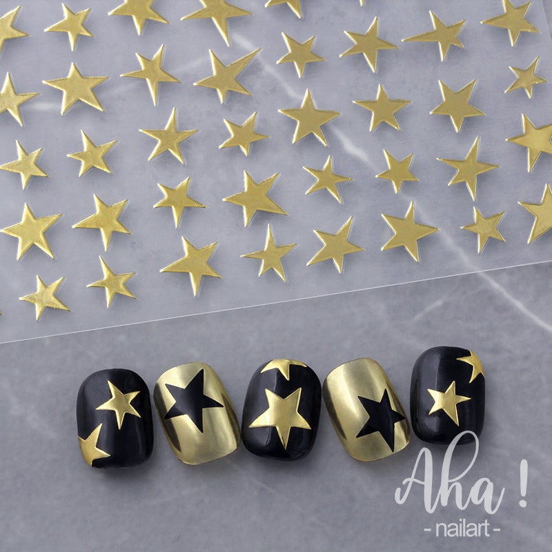 Net Red Explosions Sweet Cool Nail Jewelry Gold And Silver Stars Black And White Color Five-Pointed Star 3D Adhesive Nail Stickers - Image 4