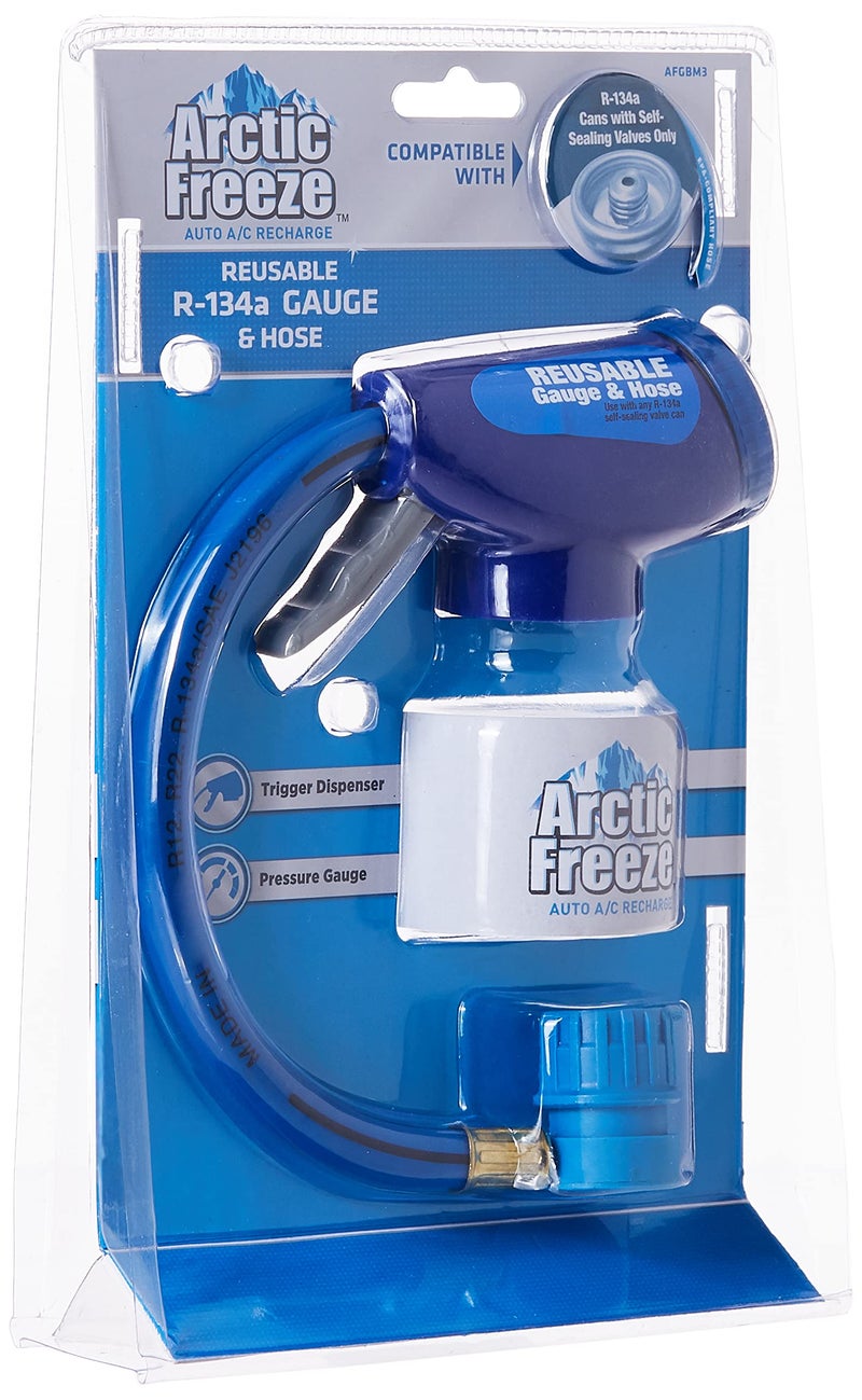A/C Pro InterDynamics Arctic Freeze Car Air Conditioner Refrigerant Gauge and Hose, Reusable AC Recharge Kit Compatible with R-134A Cans with Self Sealing Valves, InterDynamics - Image 1