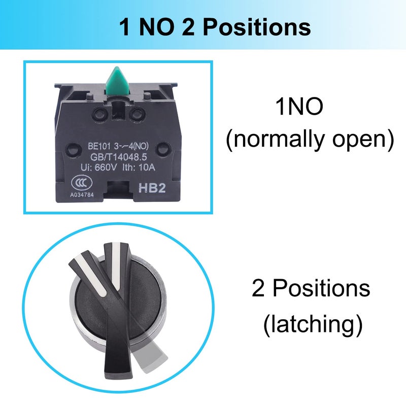 TWTADE / 2Pcs 22mm Selector Switch SPST 1 NO 2 - Positions Maintained Latching Rotary Selector Switch 440V 10A XB2-10XB/21-HB2-BJ21 - Image 4