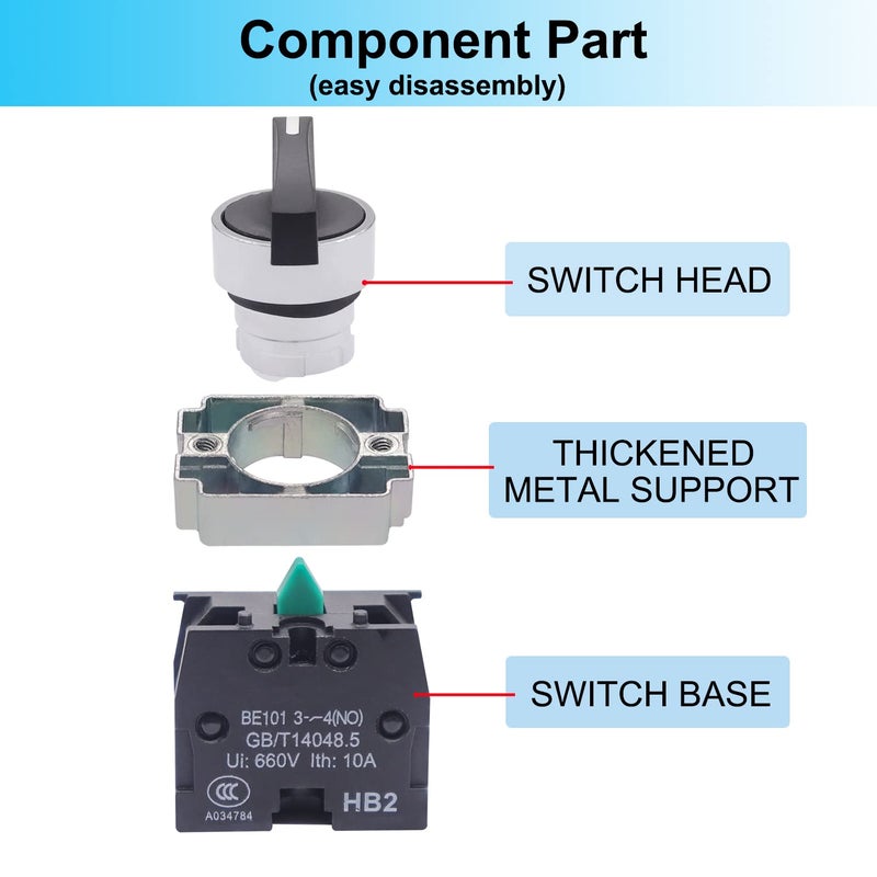 TWTADE / 2Pcs 22mm Selector Switch SPST 1 NO 2 - Positions Maintained Latching Rotary Selector Switch 440V 10A XB2-10XB/21-HB2-BJ21 - Image 3