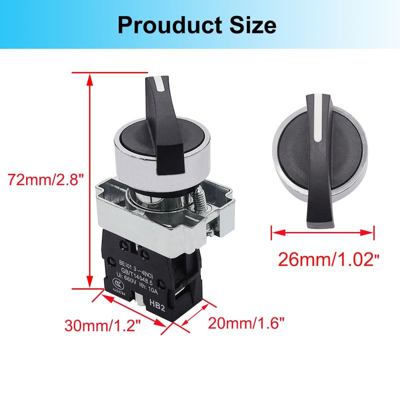TWTADE / 2Pcs 22mm Selector Switch SPST 1 NO 2 - Positions Maintained Latching Rotary Selector Switch 440V 10A XB2-10XB/21-HB2-BJ21 - Image 5