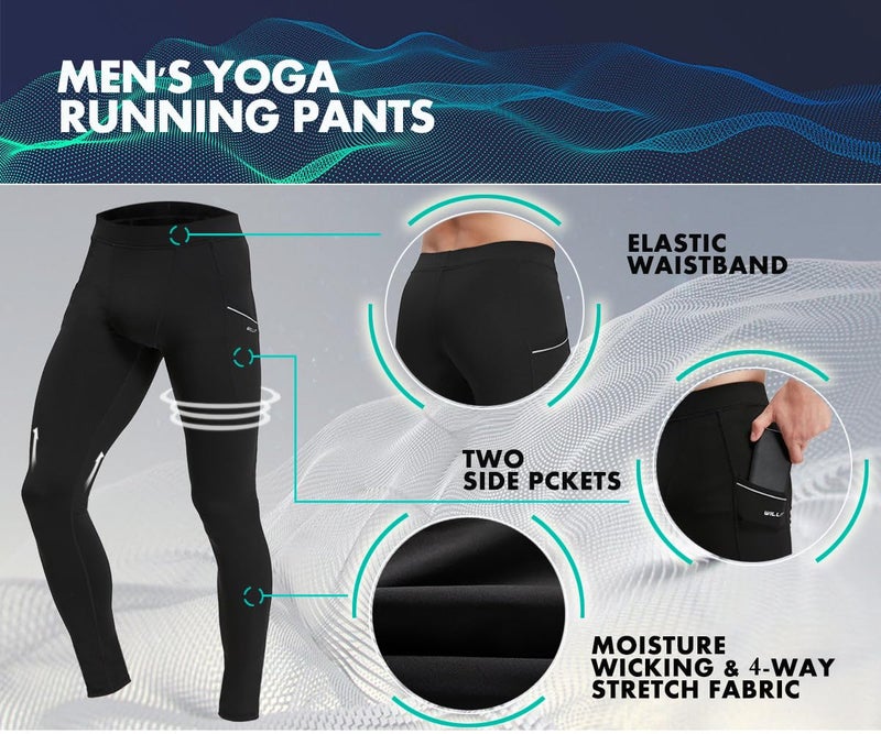 Willit Men's Active Yoga Leggings Running Quick Dry Dance Tights with Pockets Workout Compression Pants Black XXL - Image 3