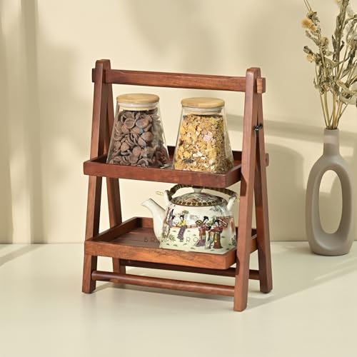 Brick Brown® Handcrafted Foldable Wooden Kitchen Organizer Rack | Spice Rack & Storage Shelf | Kitchen Countertop – Mahogany Double Tray for Home, Office & Bedroom (16x12x8.3 in) - Image 1