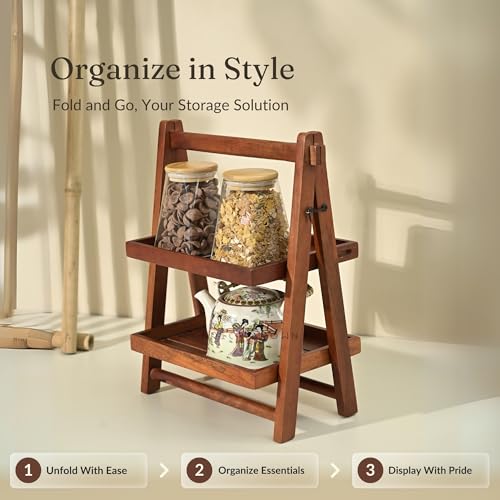 Brick Brown® Handcrafted Foldable Wooden Kitchen Organizer Rack | Spice Rack & Storage Shelf | Kitchen Countertop – Mahogany Double Tray for Home, Office & Bedroom (16x12x8.3 in) - Image 2