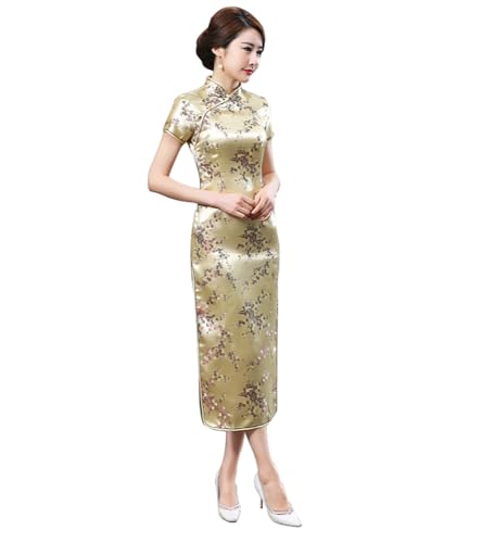 STIOEDYUAN Women Cheongsam Long Dress Evening Short Sleeve Slim Fit Maxi Dress Floral Faux Silk Stand Collar Bodycon Qipao (US, Alpha, 3X-Large, Gold Flower) - Image 3