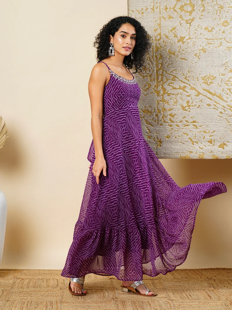 globus Purple Globus Women Bandhani Printed Strappy Shoulder Flared Maxi Festive Dress for Women | Best Price UAE