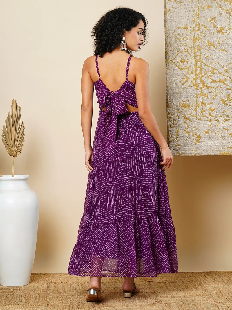 globus Purple Globus Women Bandhani Printed Strappy Shoulder Flared Maxi Festive Dress for Women | Best Price UAE