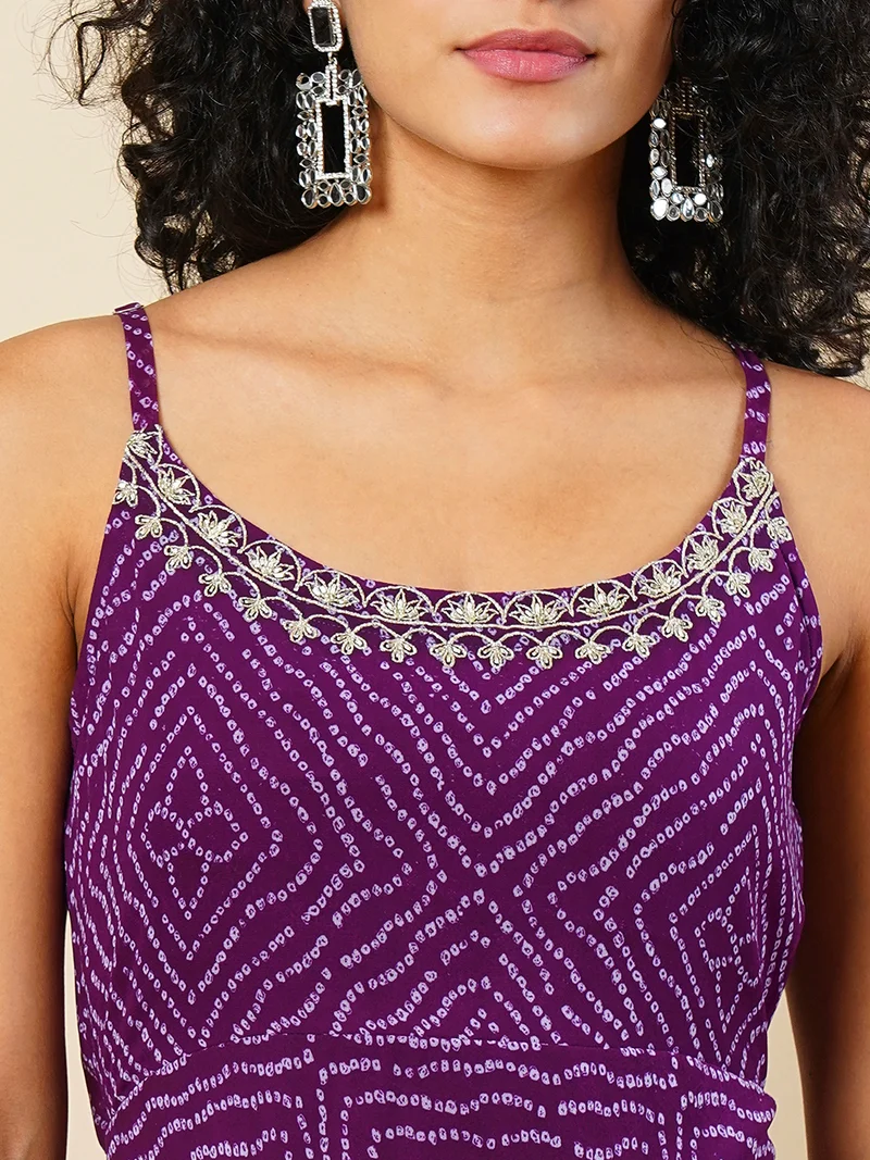 globus Purple Globus Women Bandhani Printed Strappy Shoulder Flared Maxi Festive Dress for Women | Best Price UAE