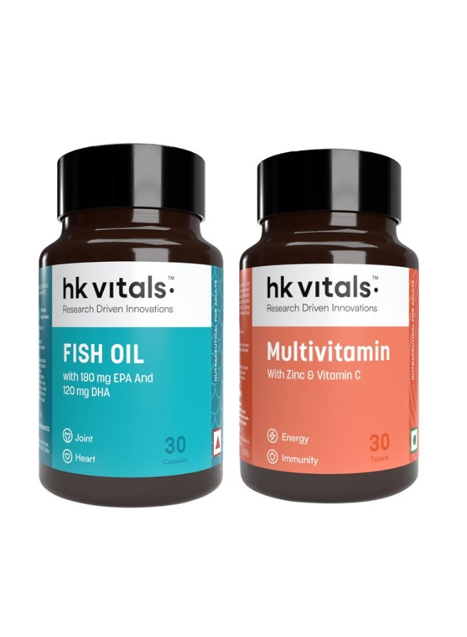 hk vitals Fish Oil and Multivitamin (30 Tablets Each) Combo Pack | 1000mg Omega 3 with 180mg EPA & 120mg DHA | Enhances Energy, Immunity & Joints Health - Image 1