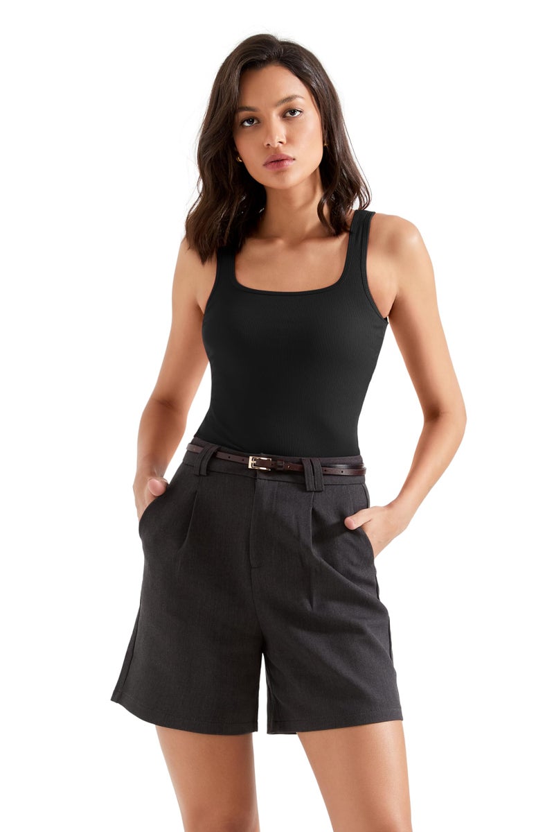 SUUKSESS Women Cotton Rib Squre Neck Tops Sleeveless Summer Padded Basic Tank Top (Black, S) - Image 2