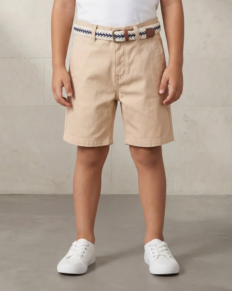 Redtag Boys Beige Dobby Belted Shorts
