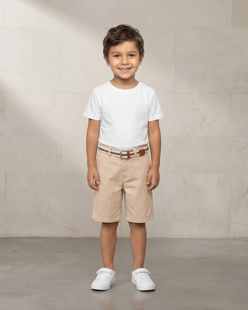 Redtag Boys Beige Dobby Belted Shorts