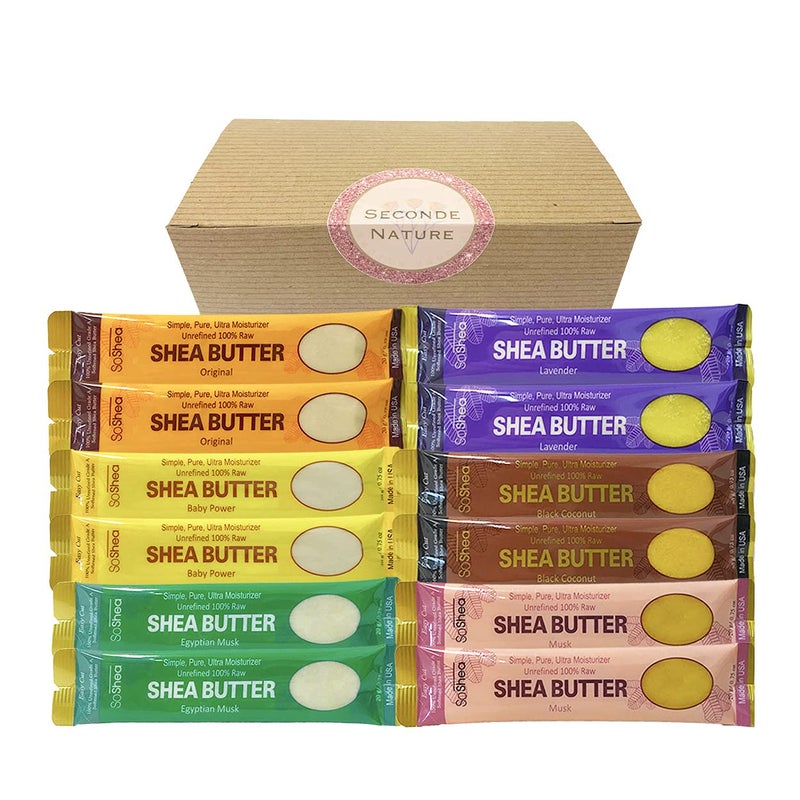 SoShea Whipped African Shea Butter Sampler For All Hair Textures Skin Types Unrefined Grade A 100 Raw Original Musk Lavender Black Coconut Egyptian Musk Baby Powder Pack of 12 x 075 oz