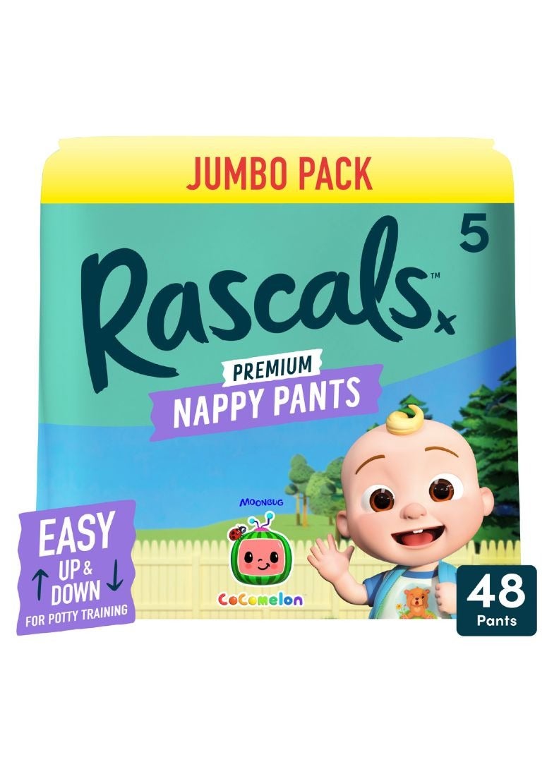 Rascals Training Diaper Pants Cocomelon Edition - Easy Pull Up Design Diaper Pants - Soft & Comfortable Baby Diaper Pants Size 5 - Ultra Flex 360 Waistband 13-18 kg - Jumbo Box (48 Count) - Image 1