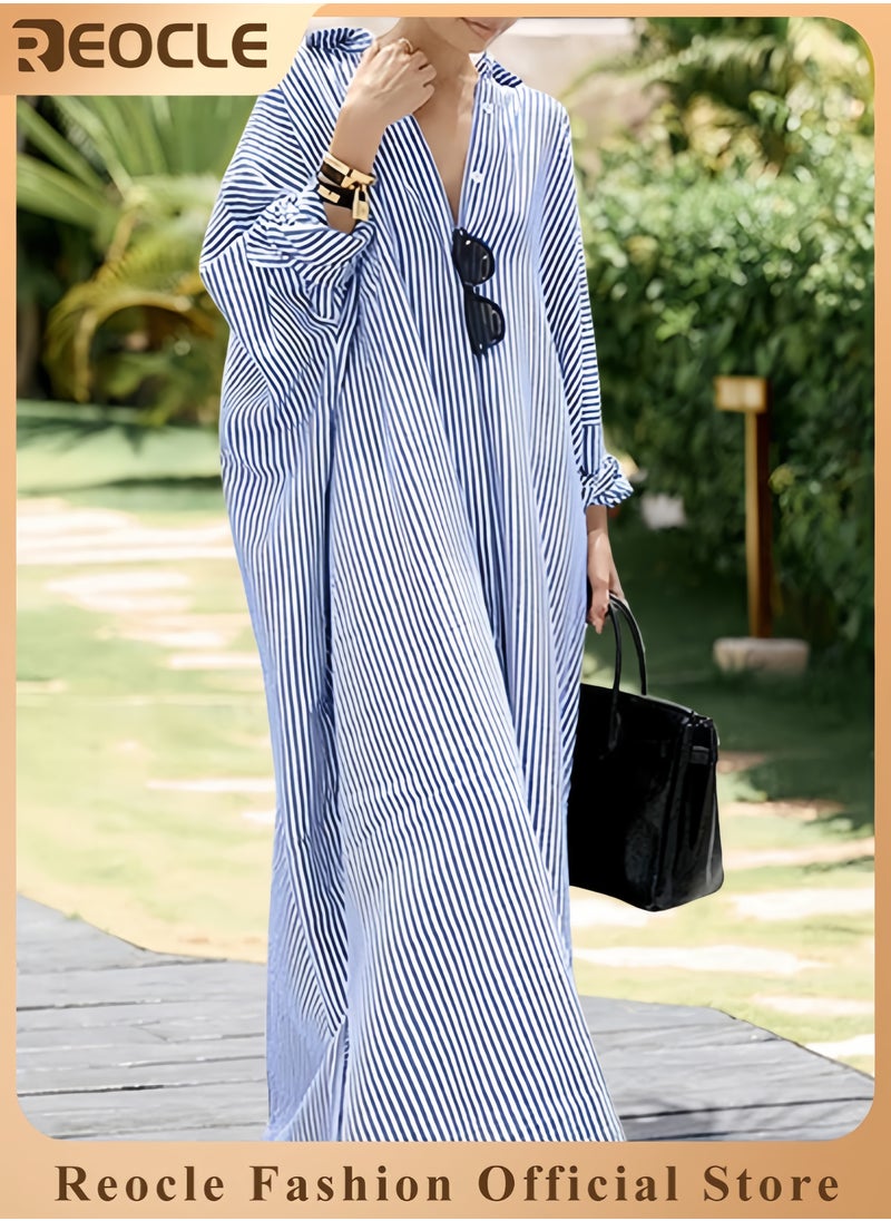 REOCLE Women's Casual Long Sleeve Button Down Loose Striped Cotton Maxi Shirt Dress  - Image 1