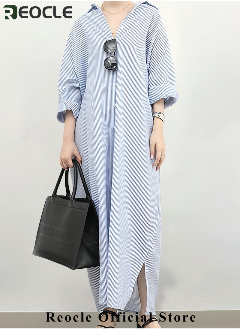 REOCLE Women's Casual Long Sleeve Button Down Loose Striped Cotton Maxi Shirt Dress  - Image 3