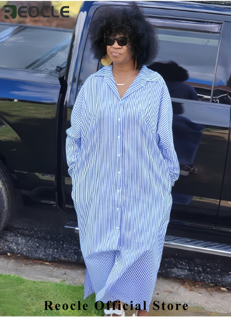 REOCLE Women's Casual Long Sleeve Button Down Loose Striped Cotton Maxi Shirt Dress  - Image 2