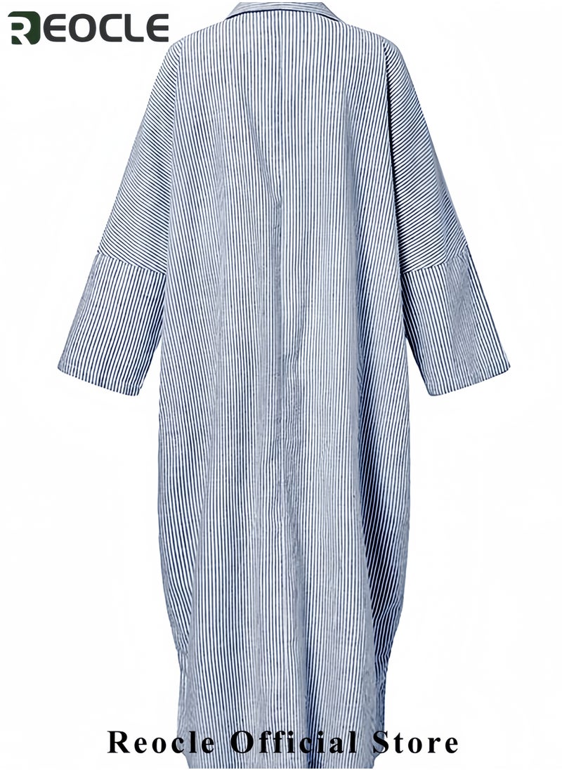 REOCLE Women's Casual Long Sleeve Button Down Loose Striped Cotton Maxi Shirt Dress  - Image 5