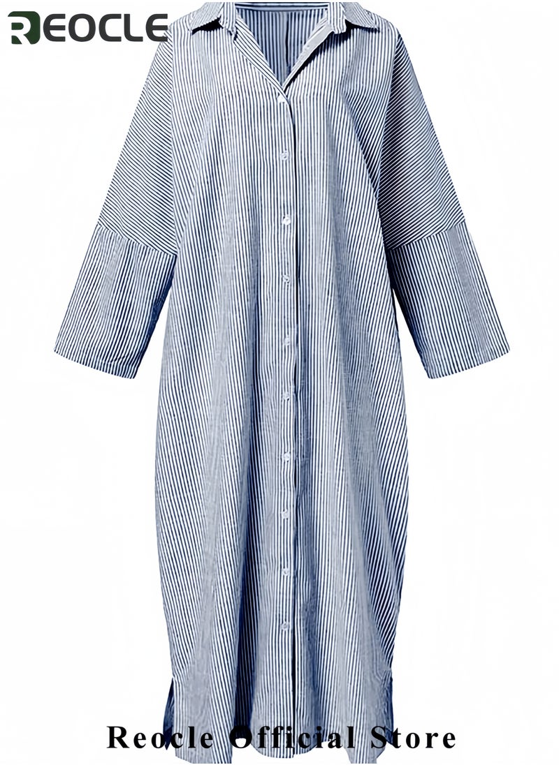 REOCLE Women's Casual Long Sleeve Button Down Loose Striped Cotton Maxi Shirt Dress  - Image 4