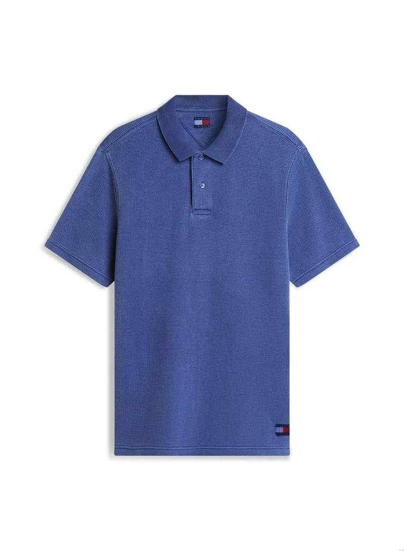 Tommy Jeans Blue Storm Regular Fit Washed Waffle Knit Polo Shirt for Men | Best Price UAE