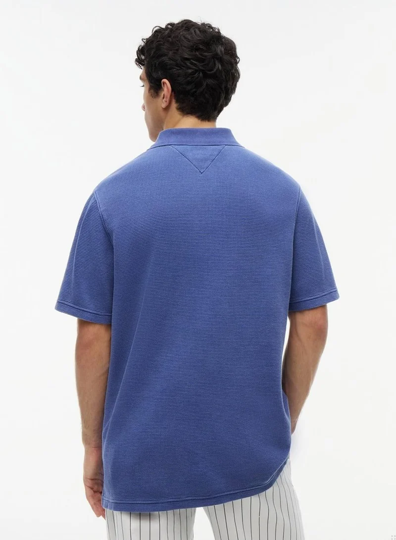 Tommy Jeans Blue Storm Regular Fit Washed Waffle Knit Polo Shirt for Men | Best Price UAE