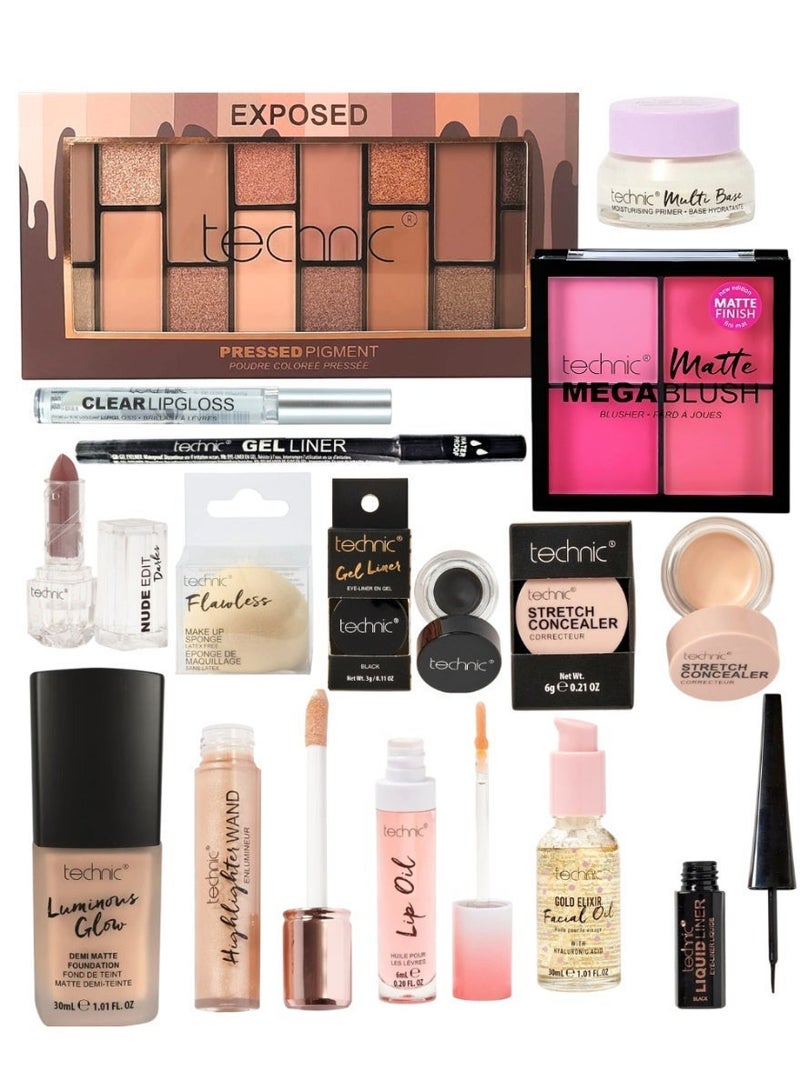 Technic UK Exposed Gift 14 Pc All-in-One Makeup Kit (3 eye products in black), Neutral Day to Night Looks - Image 1