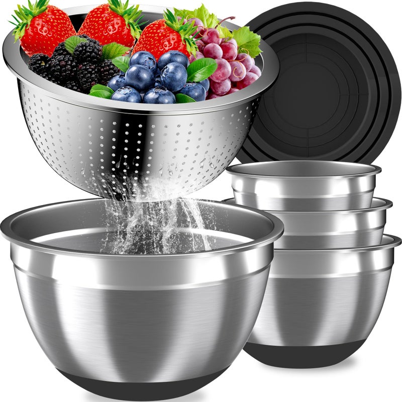 Nicdiet Mixing Bowls with Airtight Lids Set, 4 Stainless Steel Bowls Nesting Bowls & Colander, Kitchen Organizers and Storage Non-Slip Bottom, Size 1.3/1.8/2.4/3.0QT, Great for Mixing & Serving, Black - Image 1