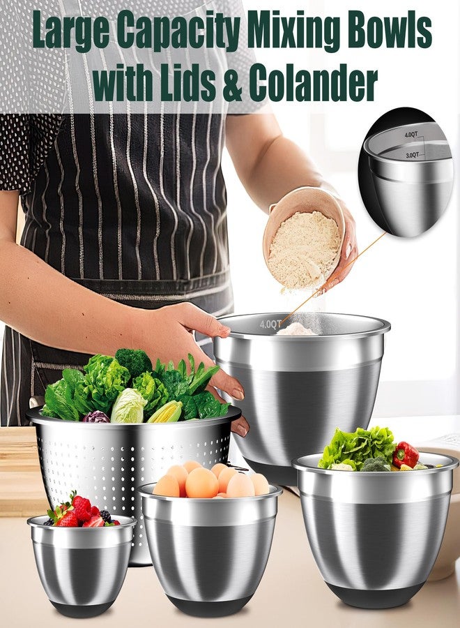 Nicdiet Mixing Bowls with Airtight Lids Set, 4 Stainless Steel Bowls Nesting Bowls & Colander, Kitchen Organizers and Storage Non-Slip Bottom, Size 1.3/1.8/2.4/3.0QT, Great for Mixing & Serving, Black - Image 4