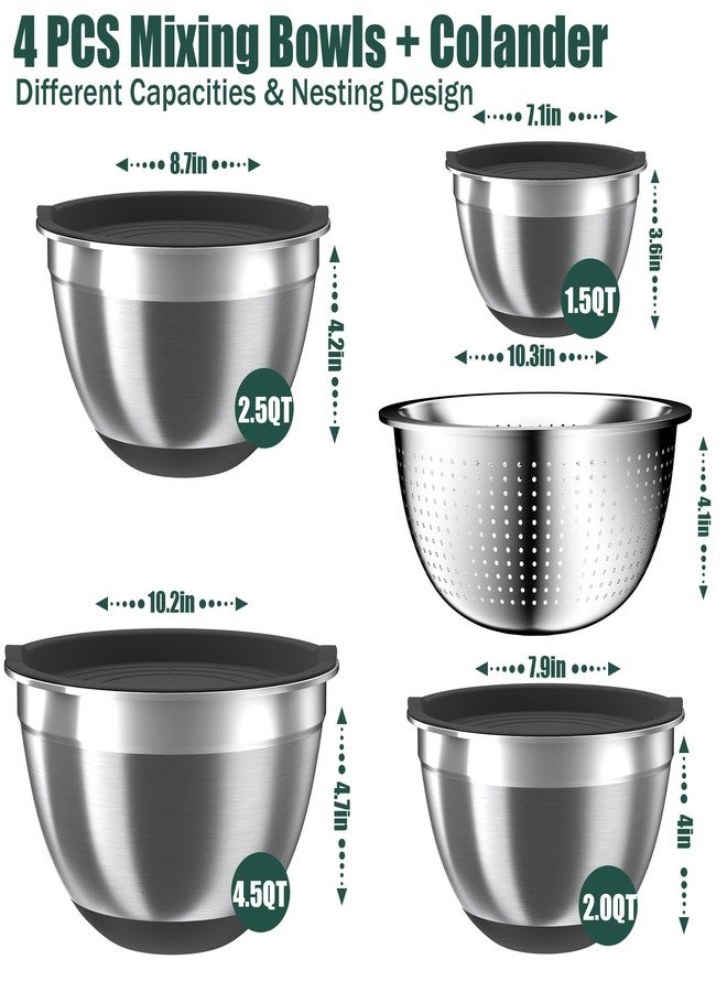 Nicdiet Mixing Bowls with Airtight Lids Set, 4 Stainless Steel Bowls Nesting Bowls & Colander, Kitchen Organizers and Storage Non-Slip Bottom, Size 1.3/1.8/2.4/3.0QT, Great for Mixing & Serving, Black - Image 2