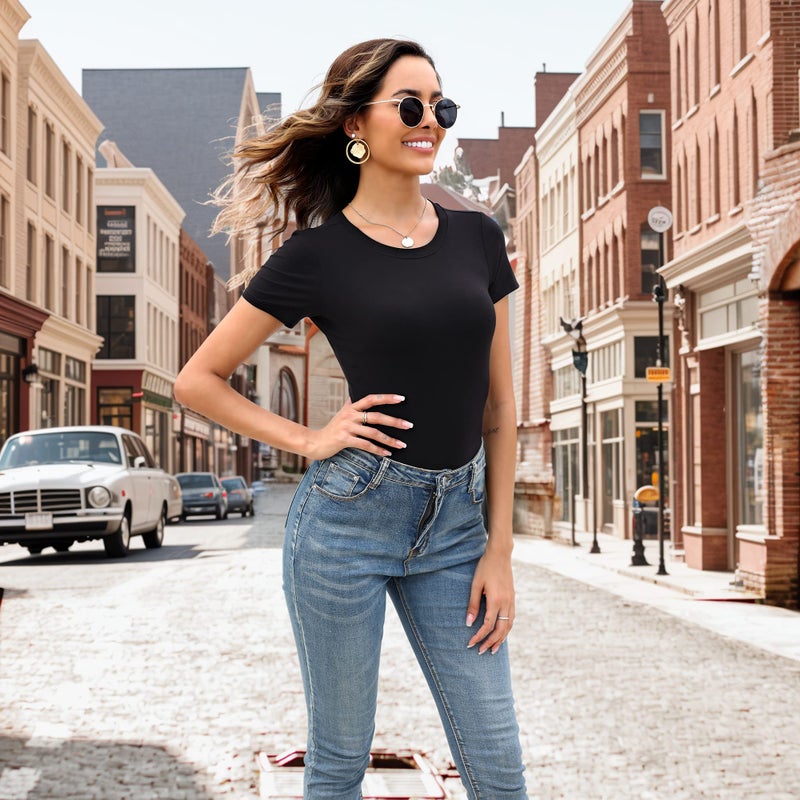 MLYENX 5 Pack Body Suits for Womens Short Sleeve Round Neck Casual Stretchy Basic T Shirt Bodysuit Tops L - Image 3